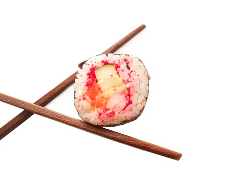  roll with shrimp, salmon, red masago and chopstick isolated on whiteの写真素材