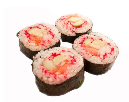 four rolls with shrimp, salmon and red masago isolated on whiteの写真素材