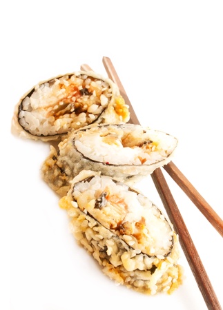 rolls with eel in batter and chopstick  isolated on white  backgroundの写真素材