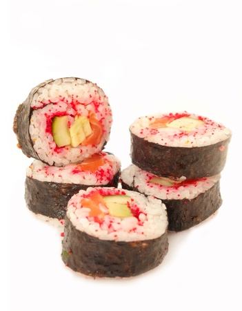  rolls with shrimp, salmon and red masago isolated on whiteの写真素材