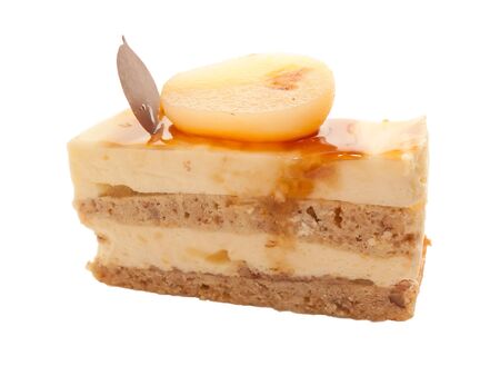 yogurt pear cake with caramel  isolated on whiteの写真素材