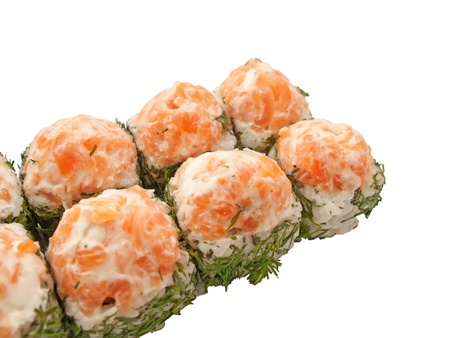  sushi rolls with salmon  and dill isolated on whiteの写真素材