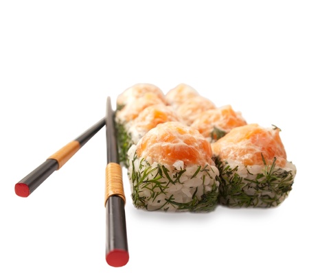  sushi rolls with salmon  and dill isolated on whiteの写真素材