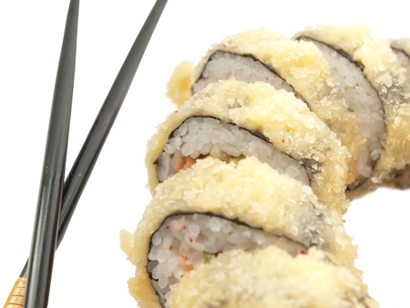 rolls  in batter and chopstick  isolated on white  backgroundの写真素材