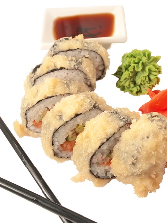 rolls  in batter and chopstick  isolated on white  backgroundの写真素材