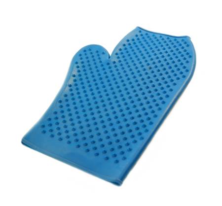blue rubber mitten for cleaning horse isolated の写真素材