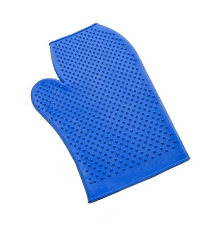 blue rubber mitten for cleaning horse isolated on whiteの写真素材