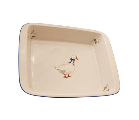 ceramic casserole dish with goose print on a white の写真素材