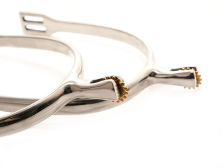 silver sportive  spurs with gold rollers on white