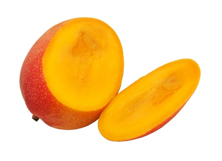 Half cut mango fruits on white backgroundの写真素材