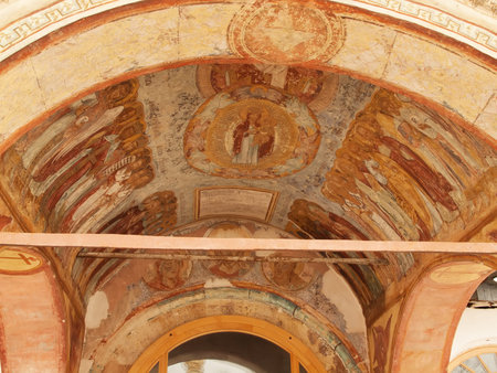 Antique ceiling byzantine fresco-  monastery (Russia, Tikhvin)