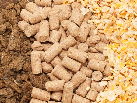 sunflower meal, maize and bran background macro  Food for horses and farm animalの写真素材