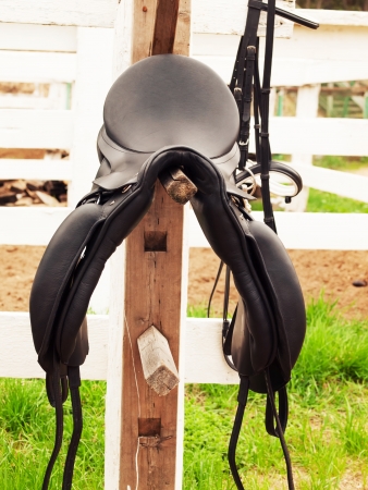 dressage saddle at  the bracket. outdoor の写真素材