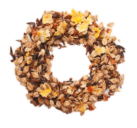 Horse sportive muesli as letter O. over whiteの写真素材