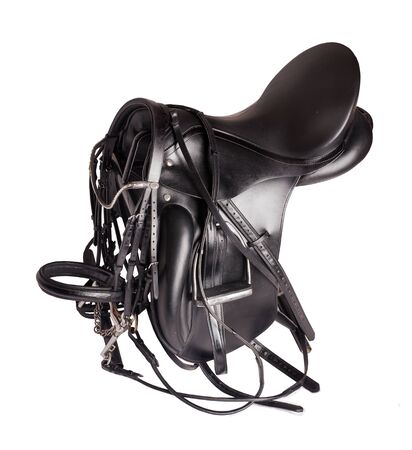 Black leather dressage saddle   with mouthbridle   isolated on white backgroundの写真素材