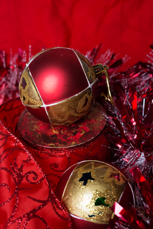Christmas decoration at red background. studio shotの写真素材