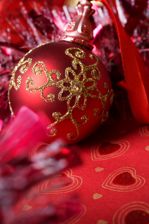 Christmas decoration at red background. studio shotの写真素材