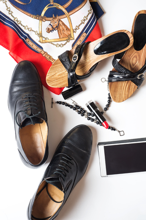 lady lifestyle background with shoes and accessory around white backroundの写真素材