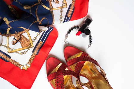 lady lifestyle background with shoes and accessory around white backgroundの写真素材
