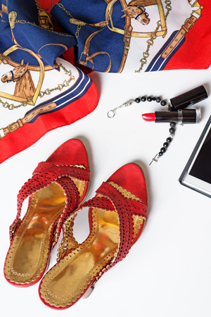 lady lifestyle background with shoes and accessory around white backgroundの写真素材
