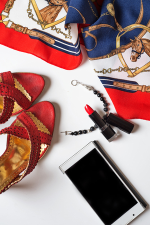 lady lifestyle background with shoes and accessory around white backgroundの写真素材