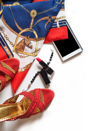 lady lifestyle background with shoes and accessory around white backgroundの写真素材