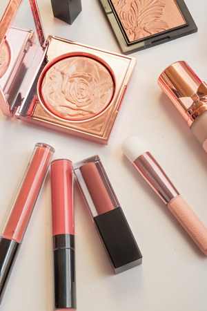 Set of luxury beautiful cosmetics for fashion make up  on white  backgroundの写真素材