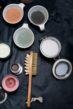 luxury Set of spa products with accessoires on black backgroundの写真素材