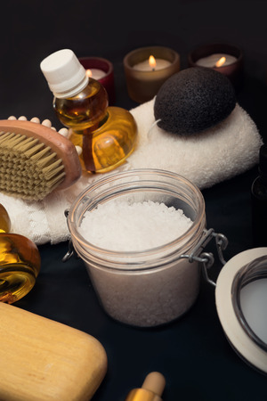 luxury Set of spa products with accessoires on black backgroundの写真素材