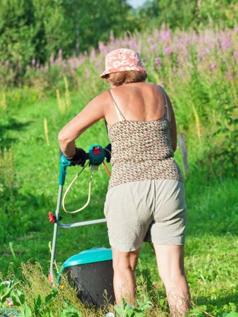 Old lady trimming grassの写真素材