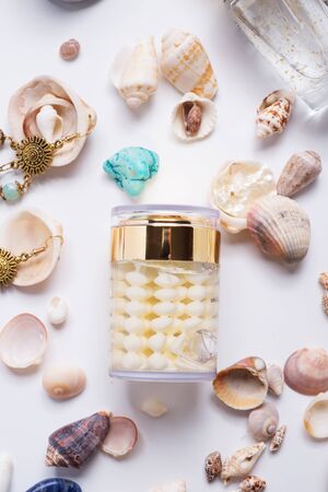 precious skin care cosmetics around  natural shells and gemstones. close upの写真素材