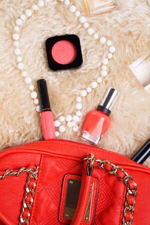 flat lay lady set around white sheepskin furの写真素材