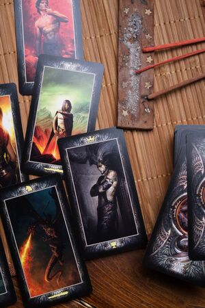 october 29, 2019 - SAINT PETERBURG, RUSSIA:Tarot by Barbieri. Divination set up. flat lay. close upのeditorial素材