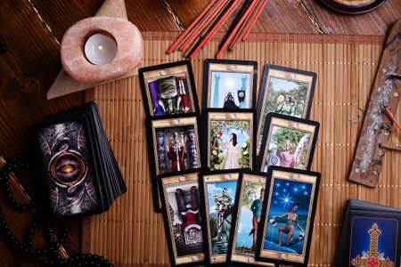 Divination set up at classical universal Tarot. flat lay. close up