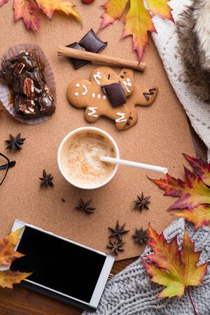 autumn cozy composition  at wooden table. life style concept. flat layの写真素材
