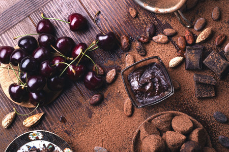 art background with healthy delicious dark truffles, chocolate and ingridients: natural cocoa beans,...