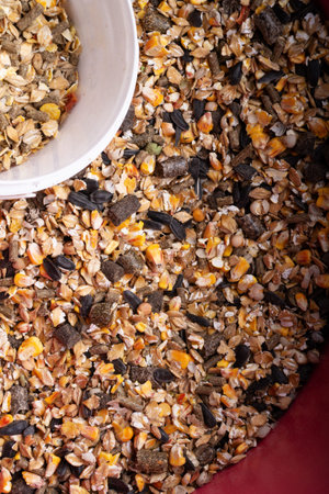 background of basical nutrition muesli  for  horses. feeding and horse care concept. macro. top view