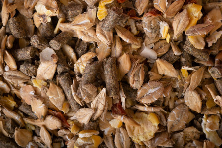background of special muesli for  horses. feeding and horse care concept. macro. top view