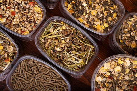 different various of muesli and granules for horses served in tester's boxes. close up. feeding and...