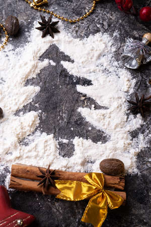 flour christmas tree. christmas background around grey backgroundの写真素材