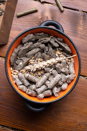 sunflower cake flakes with grass and bran granules and cereals for horses and other domestic animals...
