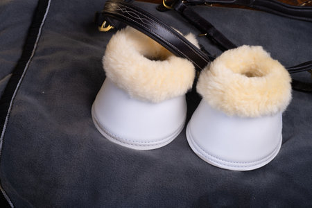 luxery hoof protectors with natural fur for sportive horses in complete with cover and halter. horse stuff and careの写真素材
