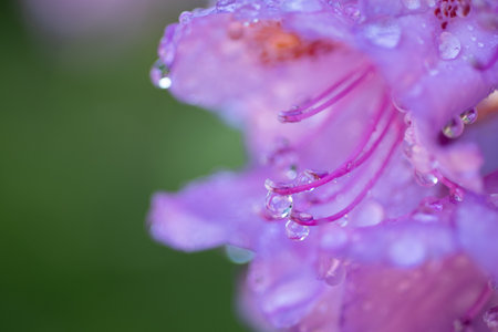 extreme macro shot of lilac rhododendron flower with water drops. art shotの写真素材