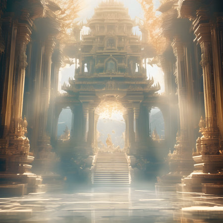 Opulent ancient Temple of lost Lemuria civilization bathed in golden light. culture concept. AI generatedの素材