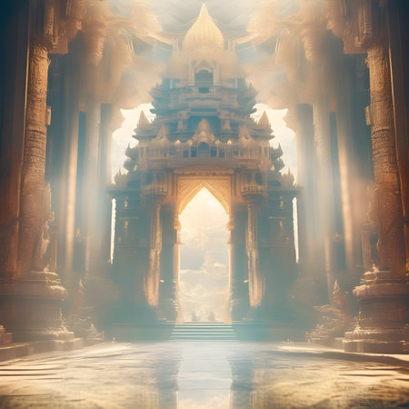 Opulent ancient Temple of lost Lemuria civilization bathed in golden light. culture concept. AI generatedの素材