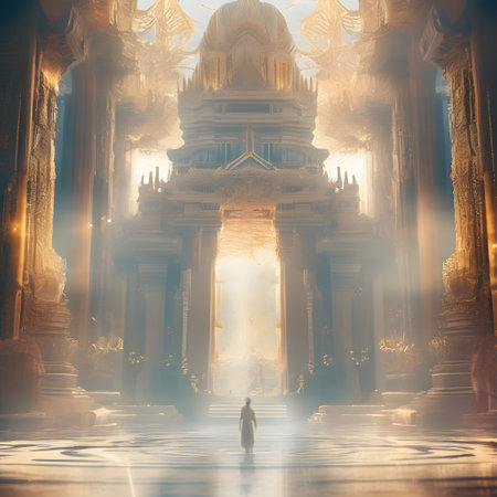 Opulent ancient Temple of lost Lemuria civilization bathed in golden light. culture concept. AI generatedの素材