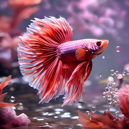 amazing bright red-lilac Betta fish male around air bubbles and flowers in nice light. close up. AI generatedの素材