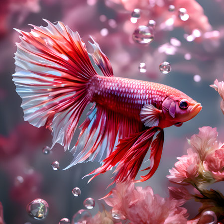 amazing bright red Betta fish male around air bubbles and flowers in nice light. close up. AI generatedの素材