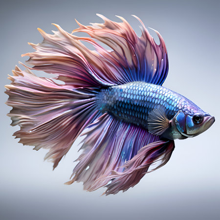 amazing bright purple peach fuzz color Betta fish male with long tail and fins posing against gray background. close up. studio shot. AI generatedの素材