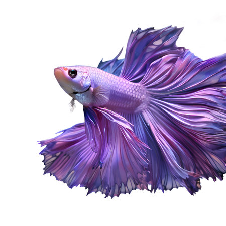 amazing bright purple Betta fish male with long tail and fins posing against white background. close up. studio shot. AI generatedの素材